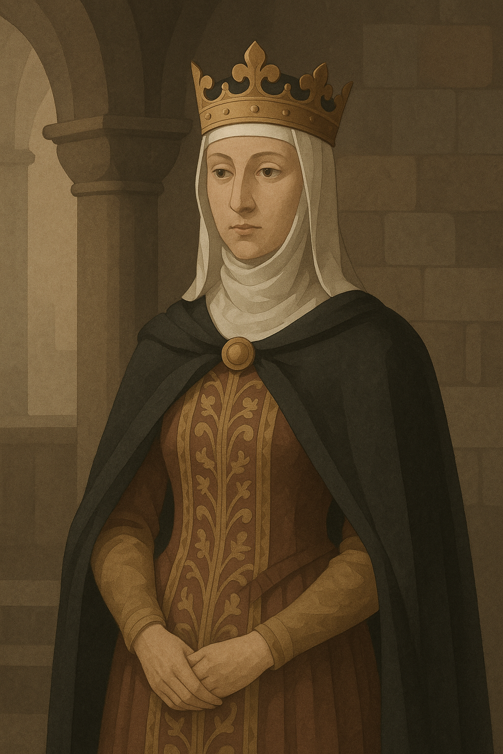 Kunstnerisk portrett av Dronning Margrete I i middelaldersk kjole og krone